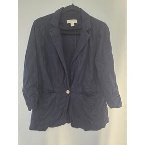 Michael Kors Blazer Size 10 Women Linen Navy Solid 3/4 Sleeve Jacket Coat